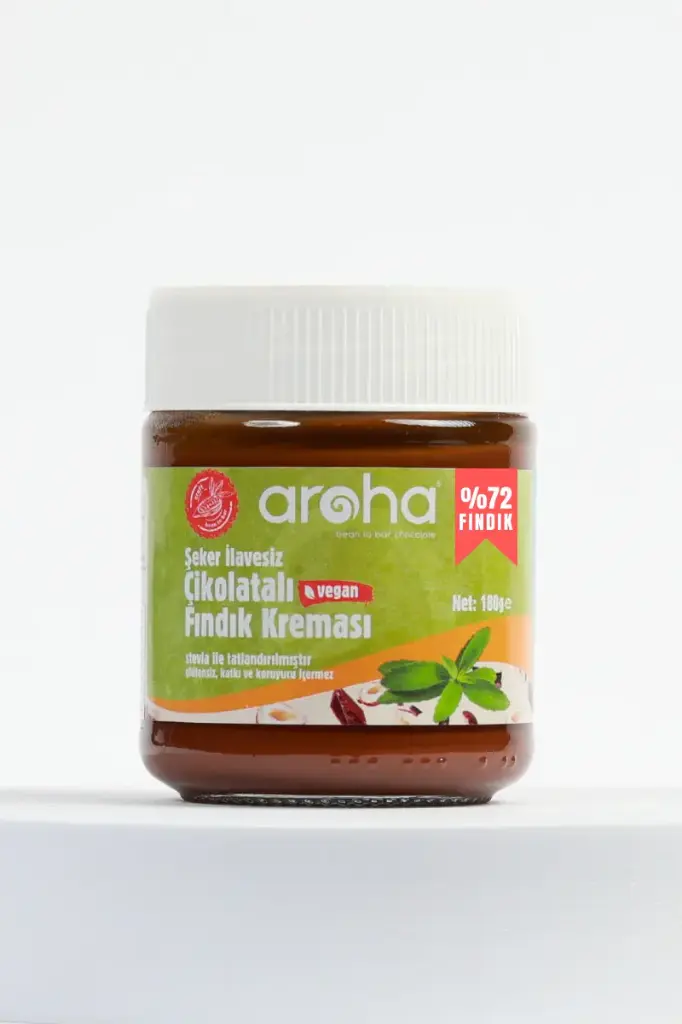 AROHA ÇİKOLATALI FINDIK KREMASI %72 FINDIK (STEVİA İLE TATLANDIRILMIŞTIR) - ŞEKER İLAVESİZ - 180 G