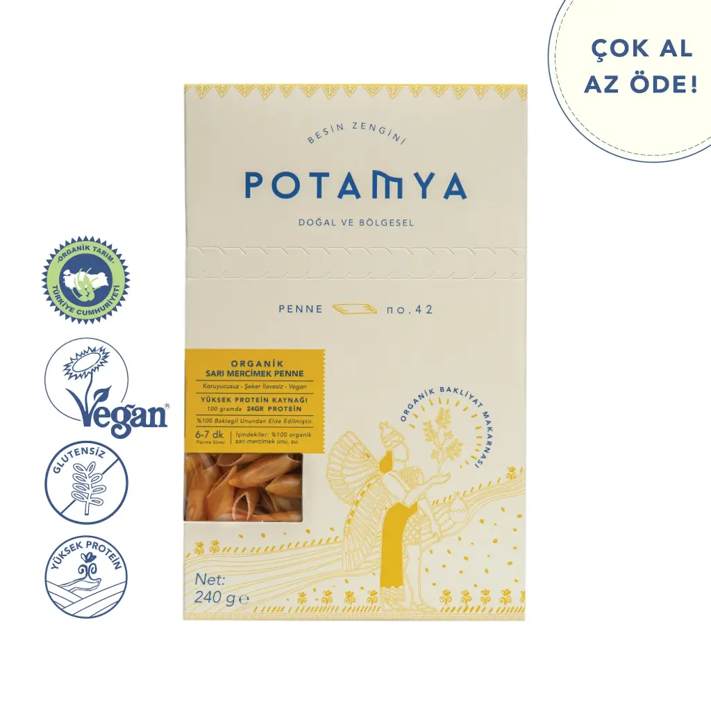 POTAMYA ORGANİK GLUTENSİZ SARI MERCİMEK PENNE MAKARNA